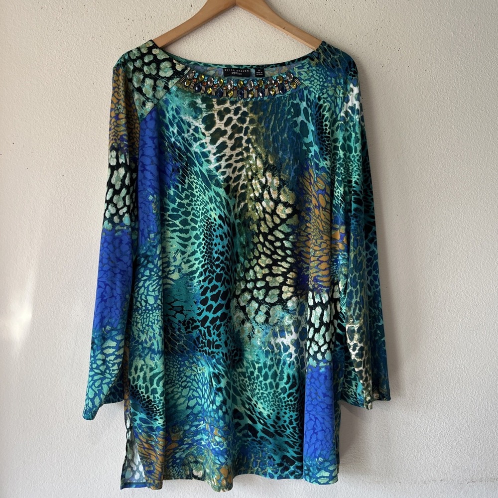 Susan Graver Artisan Tunic Size 3X Green Embellished Neck Bling Top 3/4 Sleeves